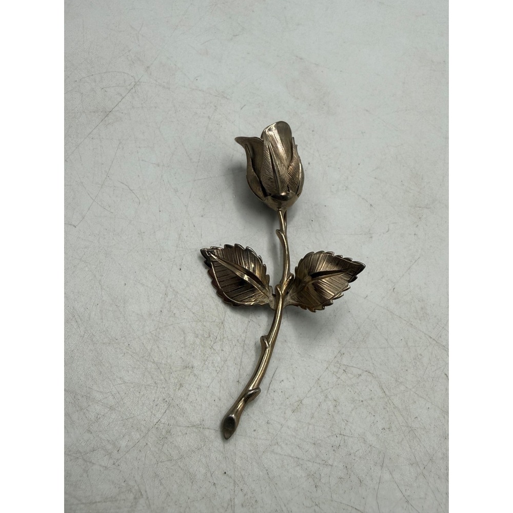 Vintage Giovanni Gold Tone Long Stem Rose Flower Brooch Pin Textured Floral